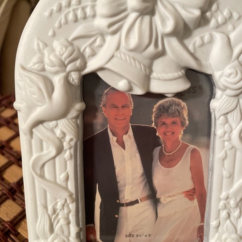 New Vtg Russ Porcelain Picture Frame Our 25th Anniversary Wedding White Bells - Picture 3 of 7