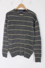 Vtg Strawbridge & Clothier M Fuzzy Gray Striped Crew Neck Pullover Sweater
