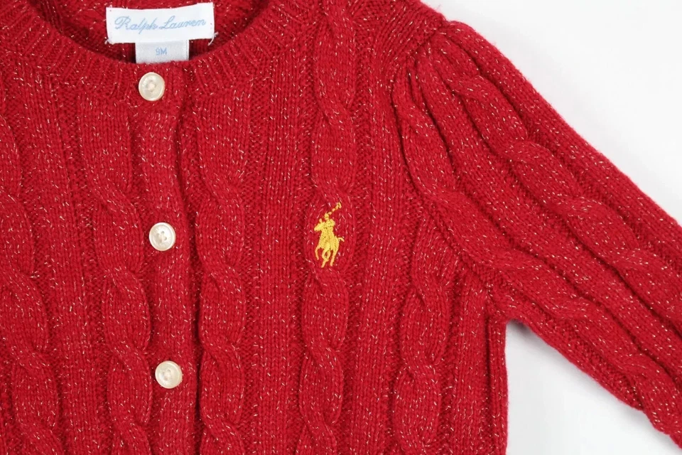 Suéter cardigã Polo Ralph Lauren bebê malha cabo vermelho ouro pônei mistura de lã - Imagem 2 de 4