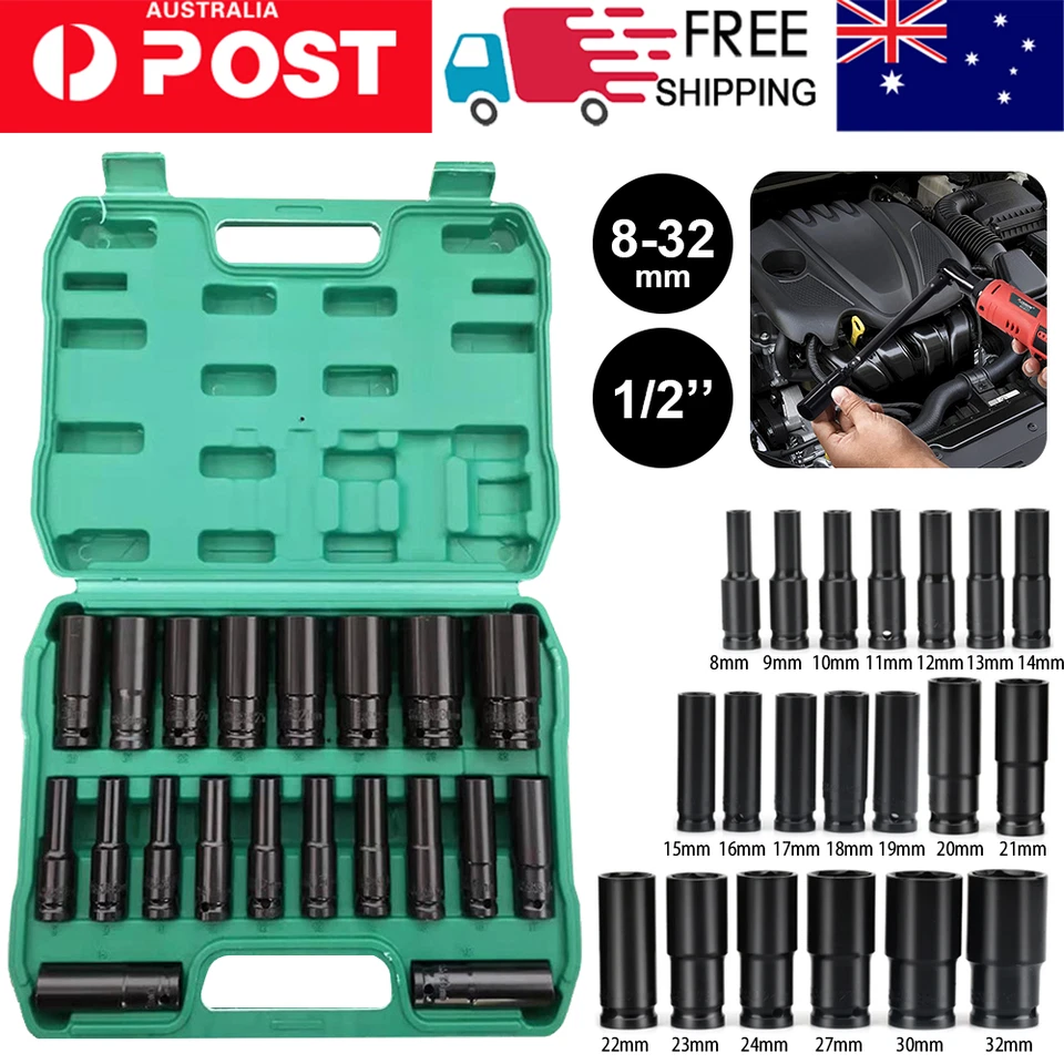 1/2" Drive Deep Impact Socket Set CR-V Steel Metric Sockets Long 20PCS 8-32MM AU