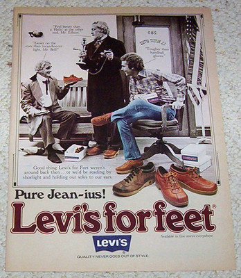1978 print ad -Levi's for Feet shoes Thomas Edison & Alexander Graham Bell phone