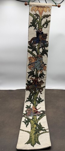 Vtg Fabric Bell Pull w Wood Hanger Biltmore Estate Design Horses Riders Florals