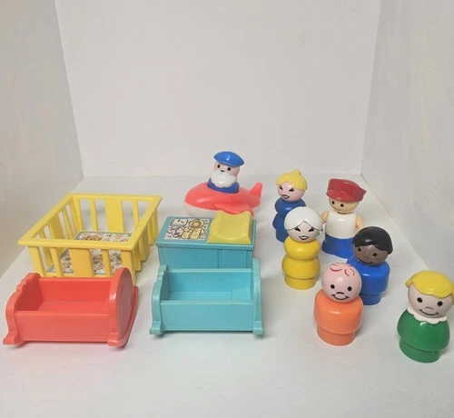 Lot of Vintage Fisher Price Little People, Woman, Man, Nursery Furniture, Chairs