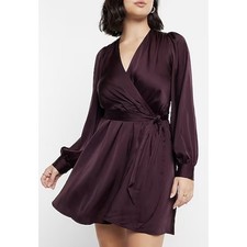 EXPRESS Satin Merlot Brown Long Puff Sleeve Faux Wrap Tie Mini Dress