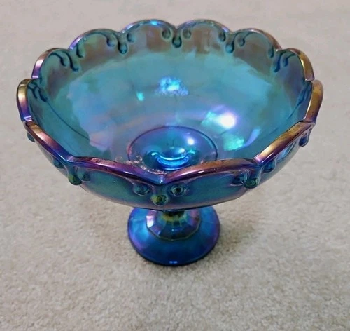 Indiana Glass iridescent blue carnival glass pedestal bowl