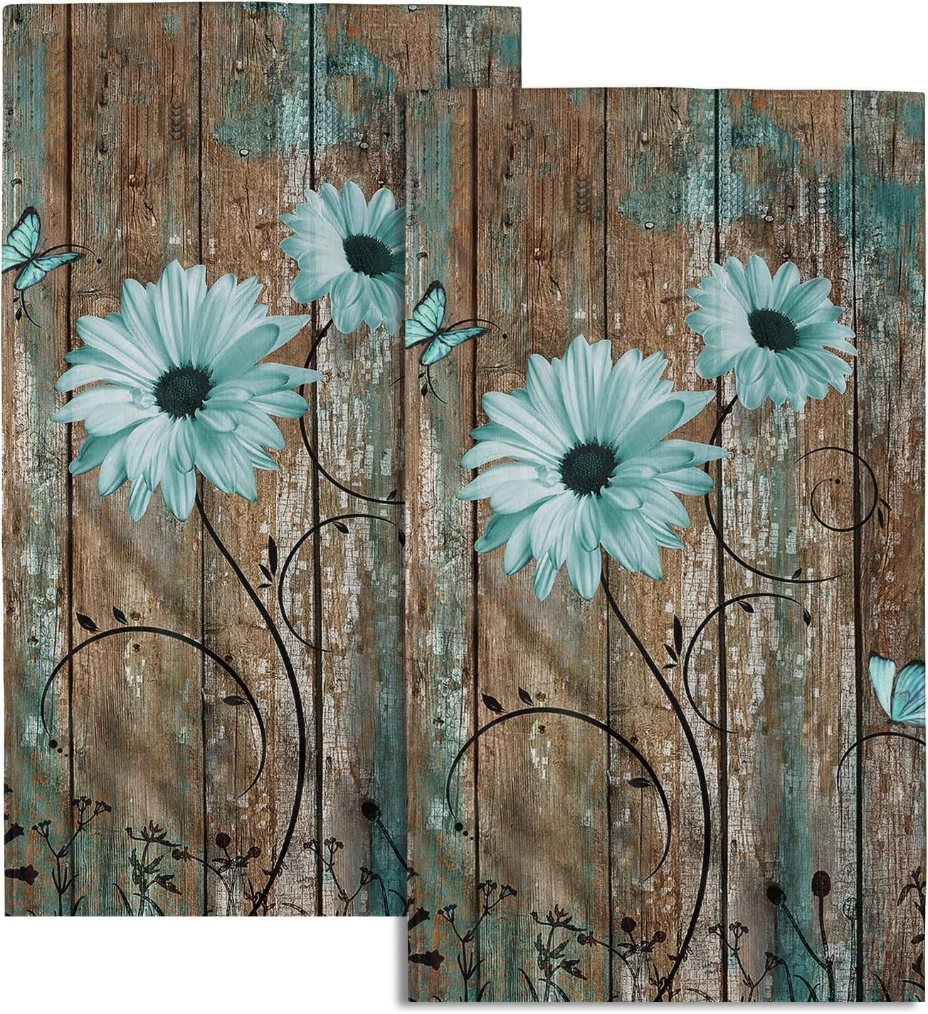Giwawa Rustic Barn Sunflower Wooden Hand Towel ONE SIZE, Board Daisy Teal 