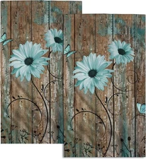 Giwawa Rustic Barn Sunflower Wooden Hand Towel ONE SIZE, Board Daisy Teal 
