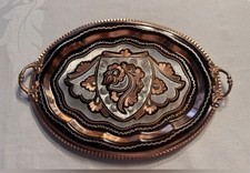 Vassoio da tè turco in rame e argento con manici intarsio floreale e disegni incisi