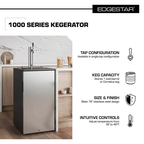 EdgeStar KC1000 Stainless Steel 18"W Kegerator With Blue Led Light - Picture 2 of 11