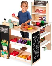 Pretend Play Grocery Store Wooden Supermarket Toy Set for Kids W/Play Food