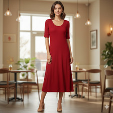 LRL Ralph Lauren Size-L Midi Dress Red Waffle Knit Cotton Fit And Flare