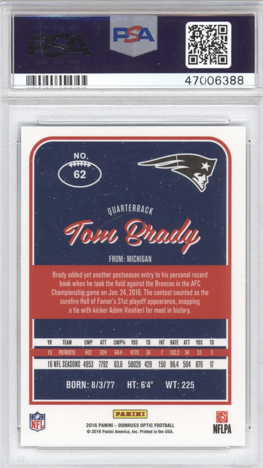 2016 Donruss Optic Tom Brady #62 PSA 10 view 2