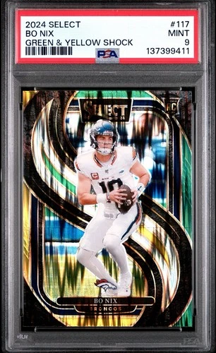 2024 Panini Select Bo Nix Rooke Card #117 Green & Yellow Shock PSA 9 RC Broncos