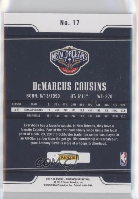 2017-18 Panini Dominion /75 DeMarcus Cousins #17 - Image 2 of 2