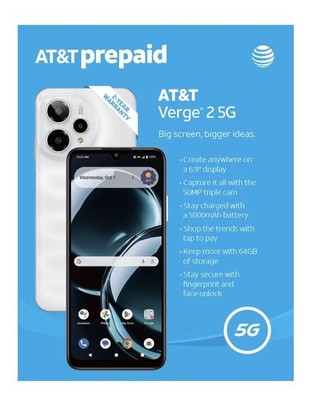 AT&T Verge 2 5G Smartphone White 64GB Dual SIM Triple Camera 50MP AT&T Prepaid