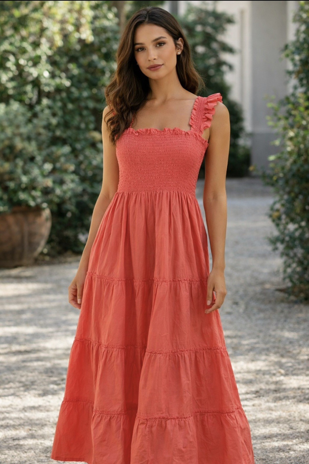 Quince Brand Coral Colored Women’s Size L Poplin Smocked Midi Dress With Tags