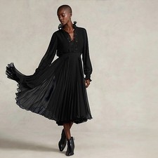 Polo Ralph Lauren Black Georgette Midi Dress 8 Lace Trim Pleated Long Sleeve NWT