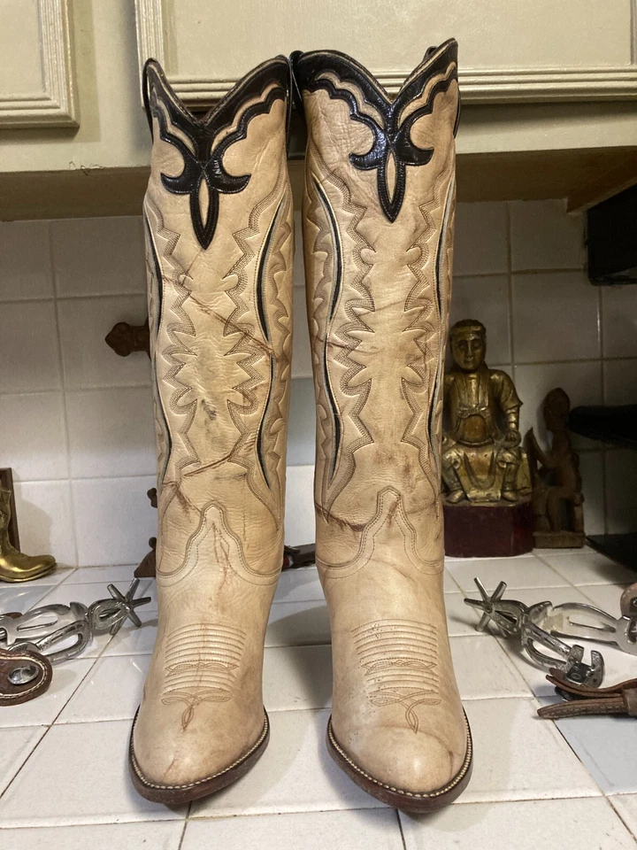 J. CHISHOLM ПШЕНИЦЫ ЖЕЛТОВАТО-КОРИЧНЕВЫЙ ВЫСОКИЙ ВИНТАЖНЫЙ WESTERN КОВБОЙ РАНЧО РОДЕО ТАНЦЕВАЛЬНЫЕ БОТИНКИ 7 М - Изображение 4 из 4