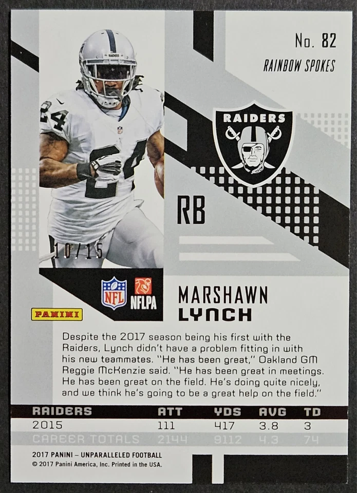2017 Panini Unparalleled Rainbow Spokes Red #82 Marshawn Lynch Raiders SP 10/15 - Image 2 of 2