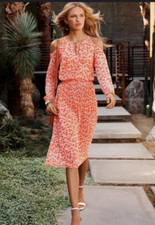 MICHAEL KORS Orange Floral Chiffon Dress Cold Shoulder Pleated Tie Neck Size XS