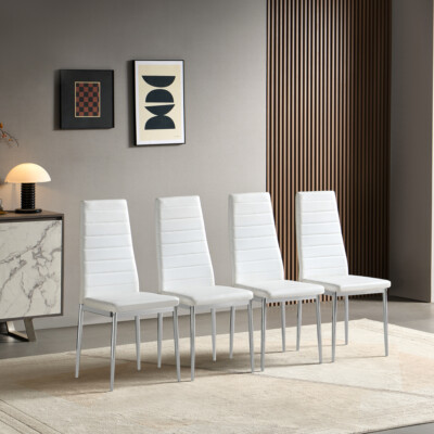 Modern Style Dining Chair Set for 4 w/ Comfortable PU Leather and Silver Chrome