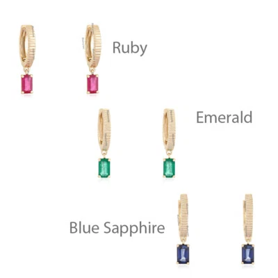 Octagon Cut Emerald, Ruby & Blue Sapphire Fluted Drop Huggies Earrings 14k Gold - Image 1 of 4