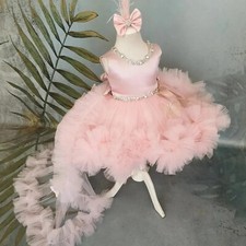Butterfly Powder Pink Princess Flower Girl Dress detachable Train Rhinestones