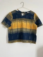 Loft Women’s Blouse Top Short Sleeve Blue Yellow Size Medium