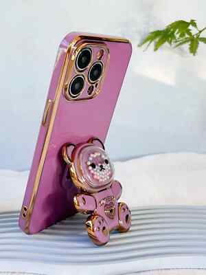 Teddy Bear Plating Phone Case with Stand & Grip for iPhone 15/15 Plus/15 Pro Max