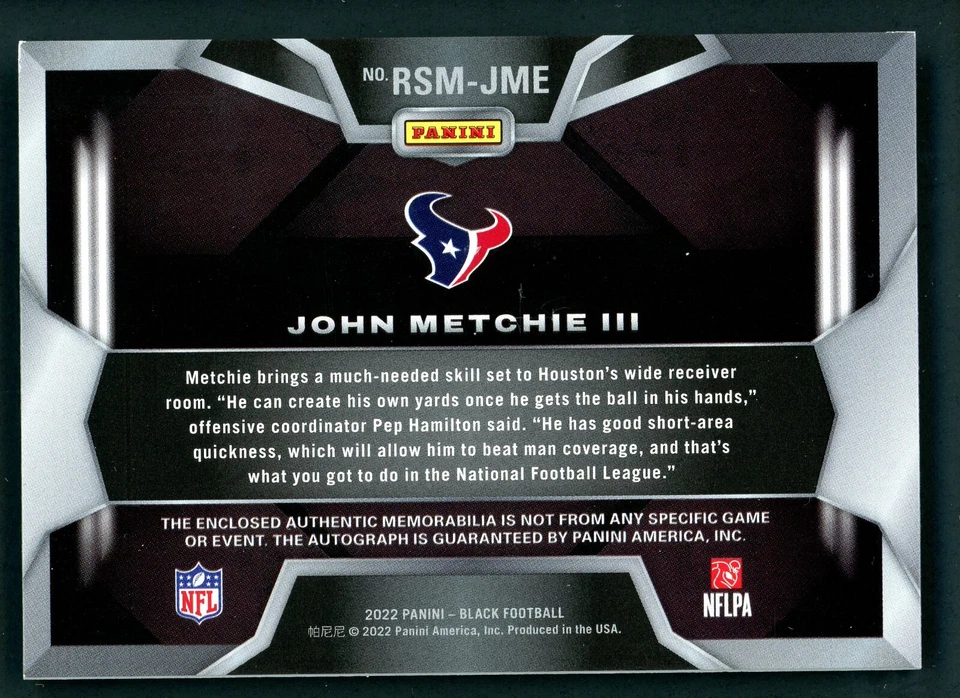 John Metchie III 2022 Panini Black Rookie Signature COPPER RSM-JME Card RPA /25 - Image 2 of 2