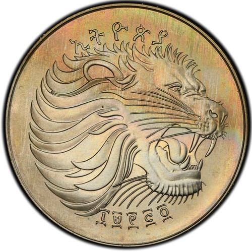 MS67 1982 Ethiopia 2 Birr World Football Lion, PCGS Trueview- Rainbow Toned
