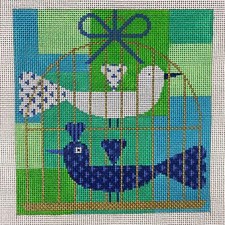 Birds of a Feather lovebirds pair blue needlepoint canvas ND814