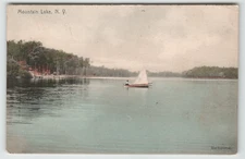 Postcard 1908 Sailboat on Mountain Lake, NY. Hand Colored