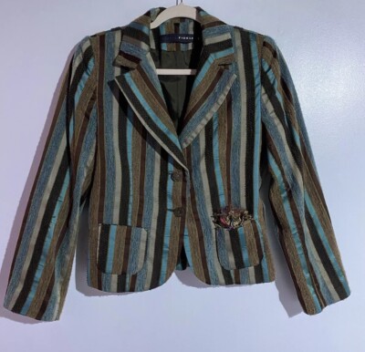 Women Blazer 3 Brown Blue Striped Fall Bohemian Artsy Business Old Money Fidele