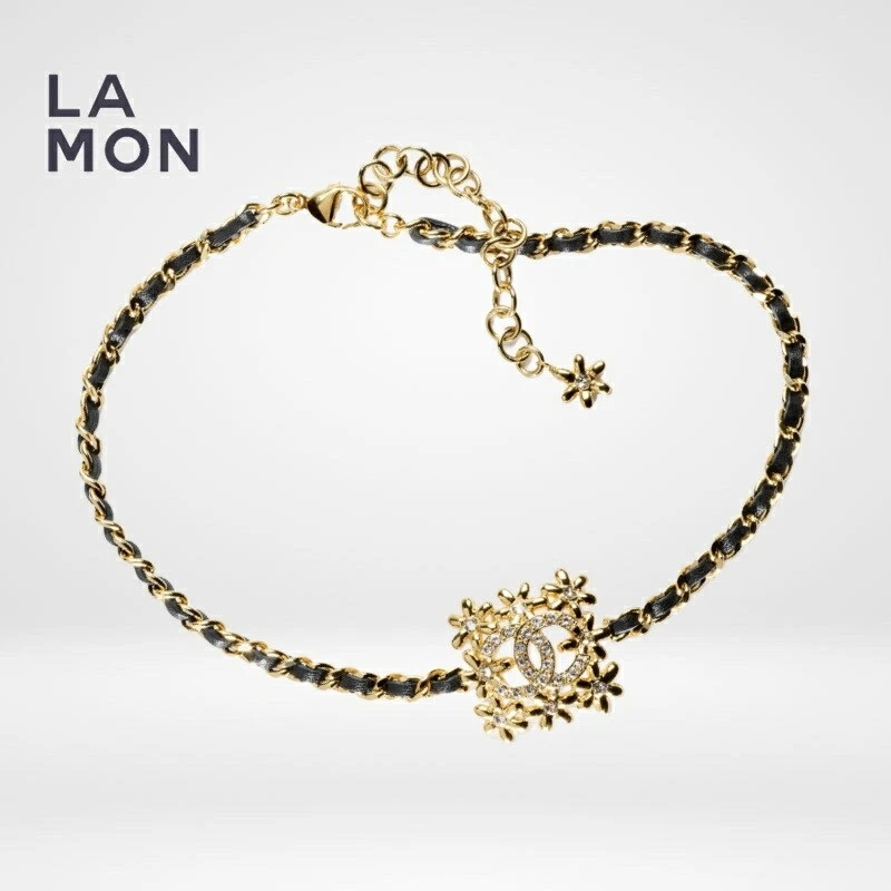 Collana CHANEL Coco Mark girocollo in pelle con filo di metallo oro nero