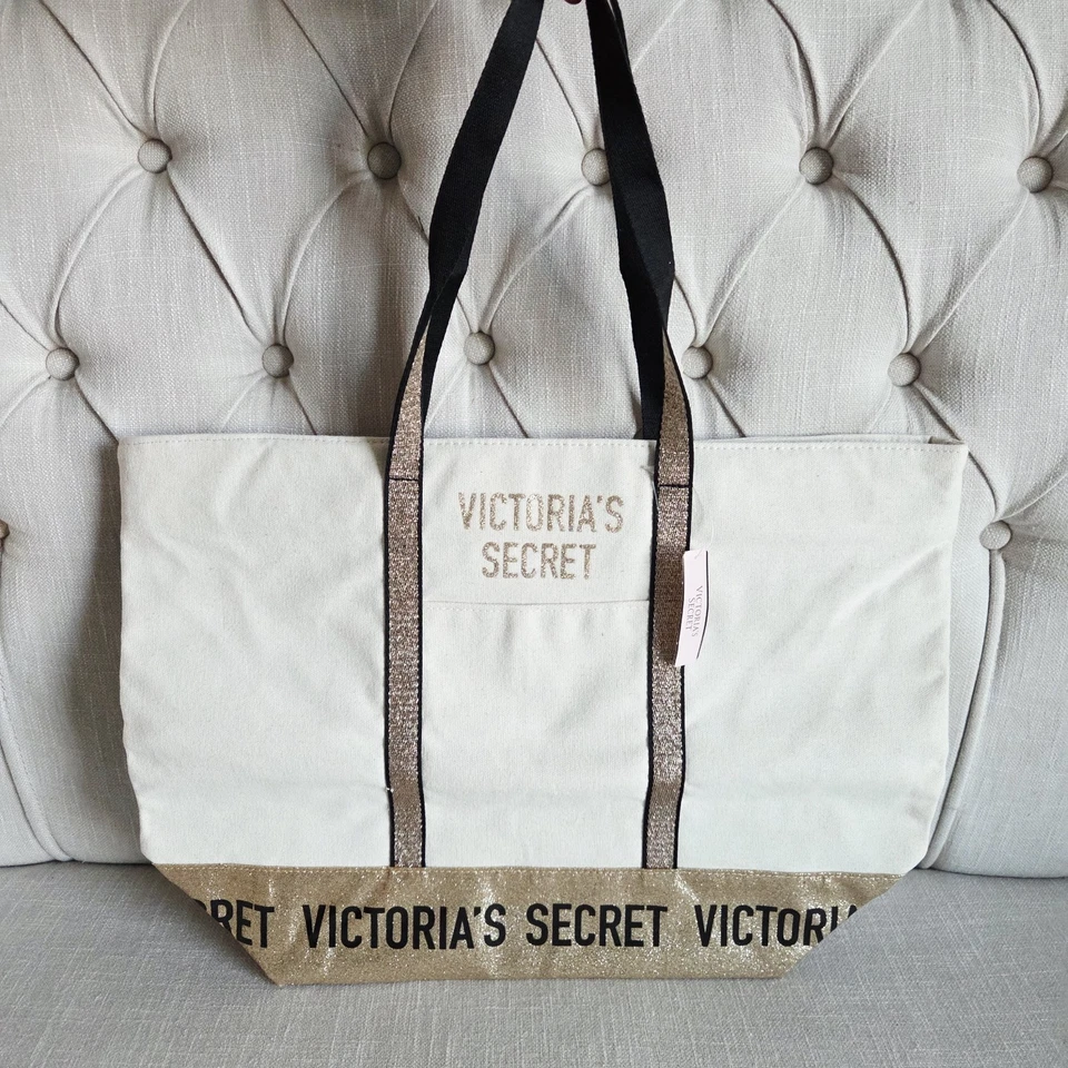 VICTORIA'S SECRET GOLD SPARKLE ZIPPER WEEKENDER CANVAS TOTE TRAVEL GYM BAG NWT - Image 4 of 4