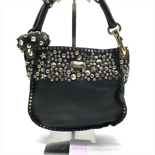 JIMMY CHOO Studs Gold Hardware Leather Hand Bag Black Brand Bag Ladies a12147