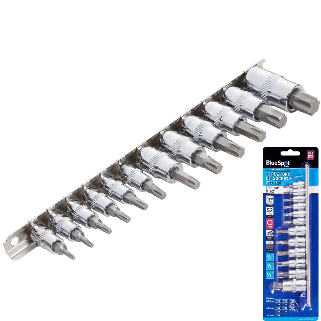 BlueSpot 12pc Torx Bit Socket Set T10 to T60 Drive Metric and SAE 1/4"" 3/8"" 1/2""