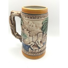 Vintage Florida Souvenir Beer Stein Ceramic Mug Flamingo Alligator Japan Relief