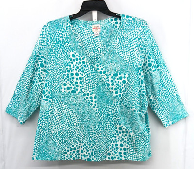 Ruby Rd Shirt Womens Plus Size 1X Teal White Geometric 3/4 Sleeve V Neck Top