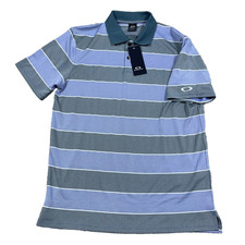 Oakley Polo Shirt Men Medium Blue Gray Striped Performance Wicking Golf NWT