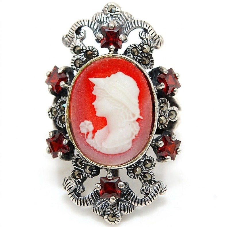 Swiss Marcasite Italian Cameo White Lady 925 Sterling Silver Ring Sz 7 PC13-6