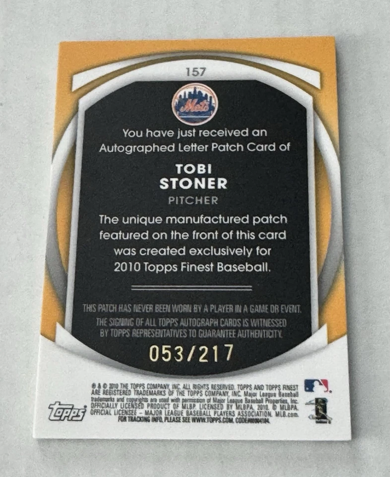 Tobi Stoner 2010 Topps Finest Auto Letter R Patch Rookie Card /217 New York Mets - Image 4 of 4