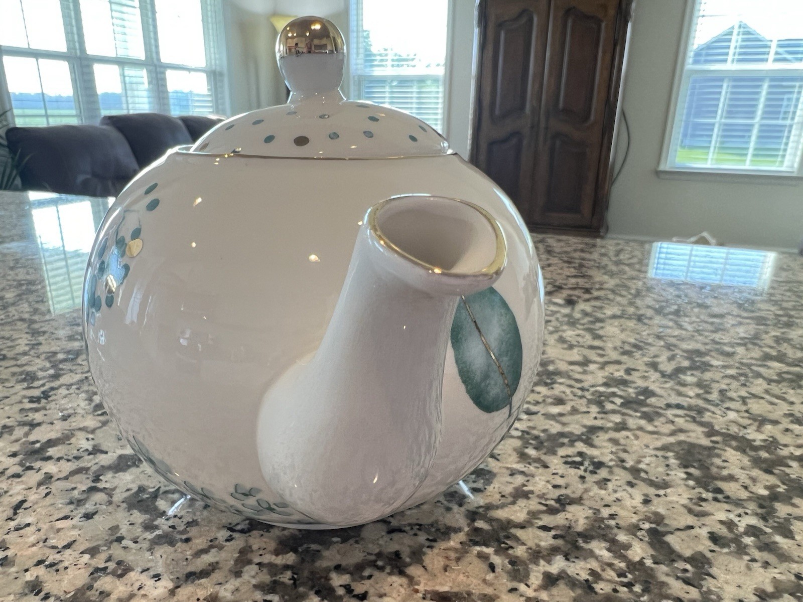 Grace's Teaware Teal & Metallic Gold Floral Print On White Teapot