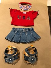 Build a Bear Patriotic Outfit W/U.S.A. Top, Skirt, Sandals, and Flag Visor