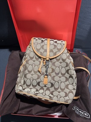Coach Tan and Brown Signature Canvas Backpack with Leather Flap Coach Signature Canvas Flap Backpack With Dust Bag (Apricot  main image 4