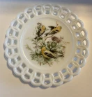Vintage Kemple Milk Glass Bird Plate-8”-Lace Edge-Goldfinches & Thistle 1950-70s
