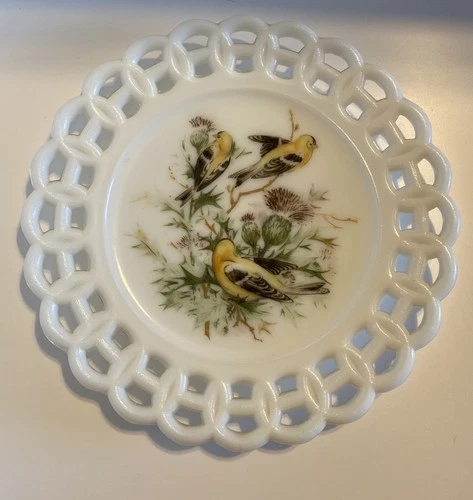 Vintage Kemple Milk Glass Bird Plate-8”-Lace Edge-Goldfinches & Thistle 1950-70s