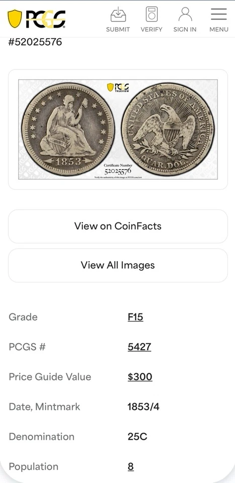 1853/4 ~ FS-301 ~ Seated Liberty Quarter ~ PCGS F15 ~ Looks VF ~ ORIGINAL ~ NEW! - Image 4 of 4