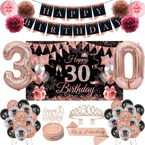 JKIYT Happy 30th Birthday Decorations for Her, Black Rose Gold 30 Years Old D...